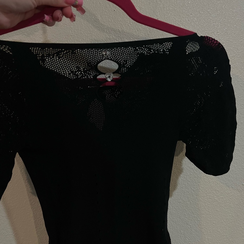 Black Short Sleeve Knit Top with Decorative Back Detail